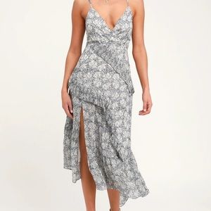 Light Blue Floral Print Ruffled Midi Dress